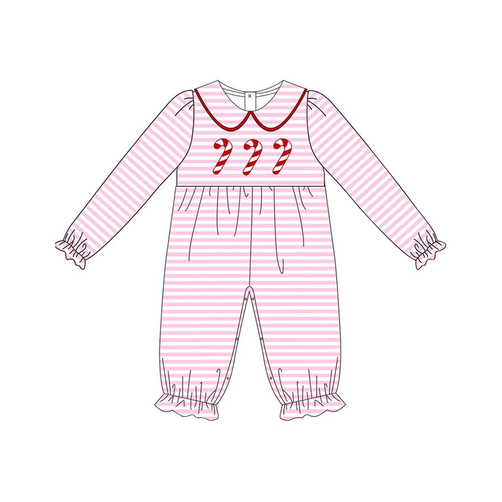 LR1441 Christmas Cane Doll Collar Pink Striped Long Sleeve Bodysuit