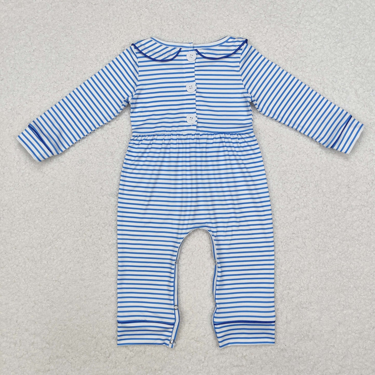 LR1447 Boys Blue and White Embroidered Puppy Stripe Long Sleeve Romper