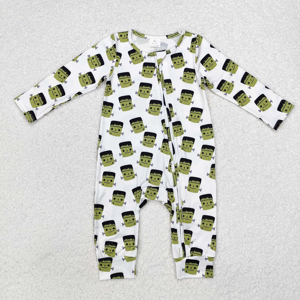 LR1471 Halloween Green Monster White Zipper Long Sleeve Bodysuit