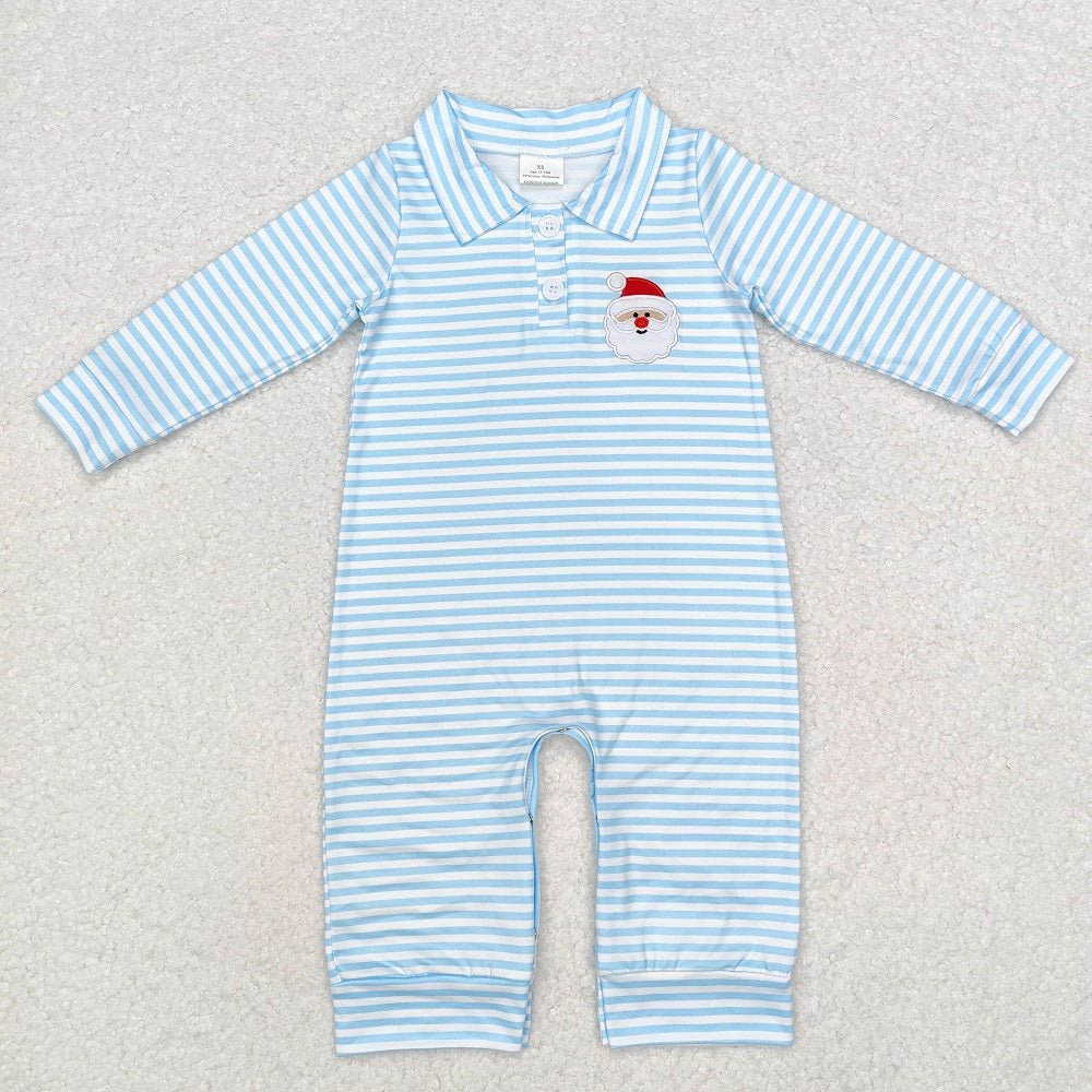 LR1475 Embroidered Santa Claus Blue Striped Long Sleeve Bodysuit