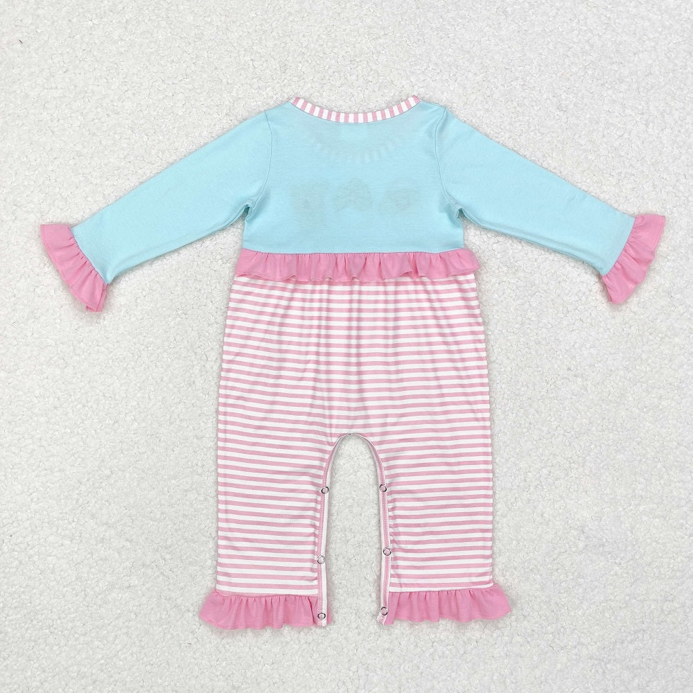LR1476 Embroidered Santa Claus Reindeer Pink Lace Stripe Blue Long Sleeve Bodysuit