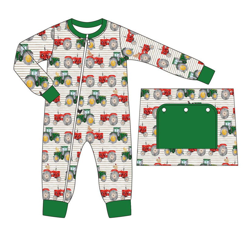 LR1480 Tractor Stripe Green Hemming Zip-Up Long Sleeve Bodysuit