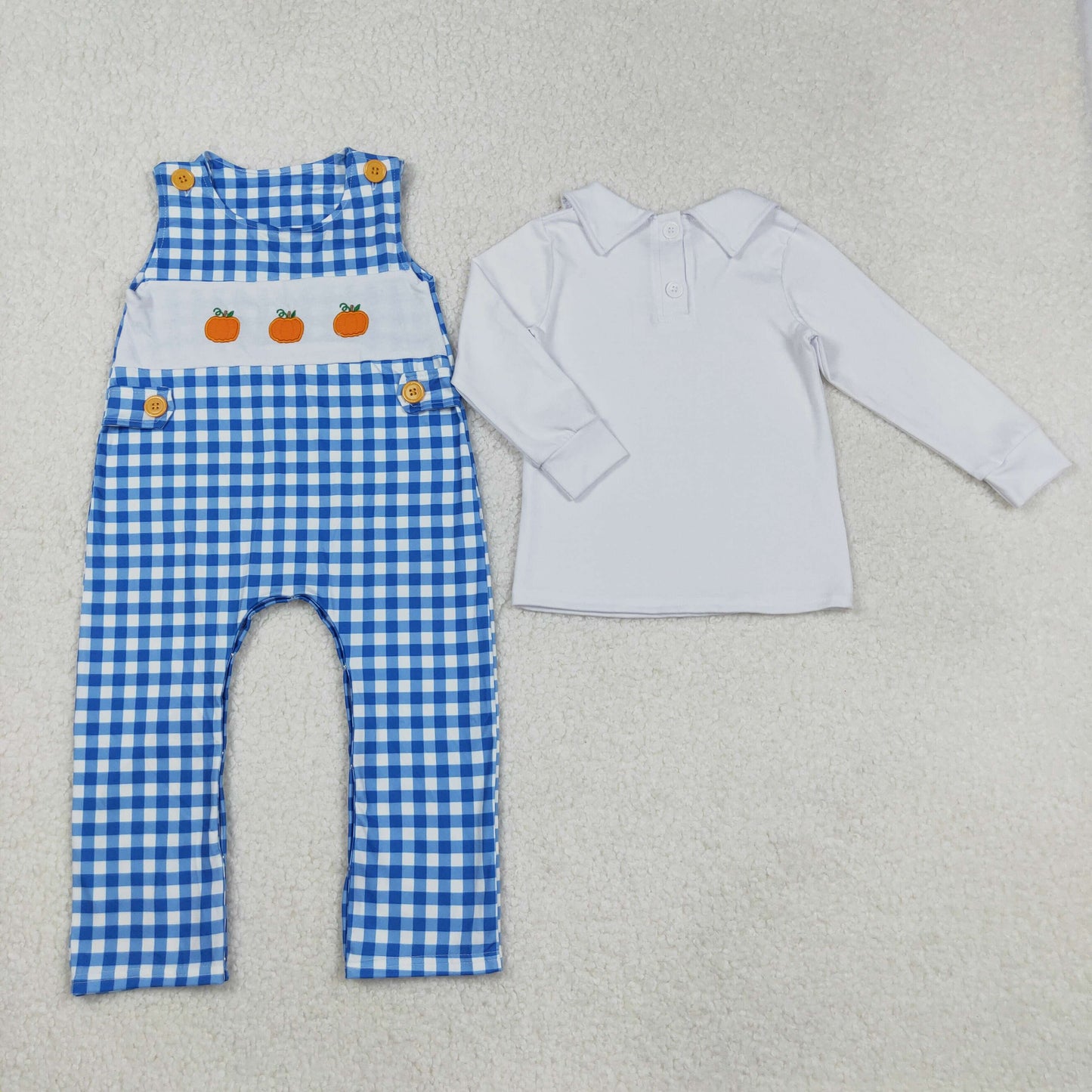 LR1501 White Top Pumpkin Embroidery Blue Plaid Romper Baby Boys Fall 2 Pieces Clothes Set D 903