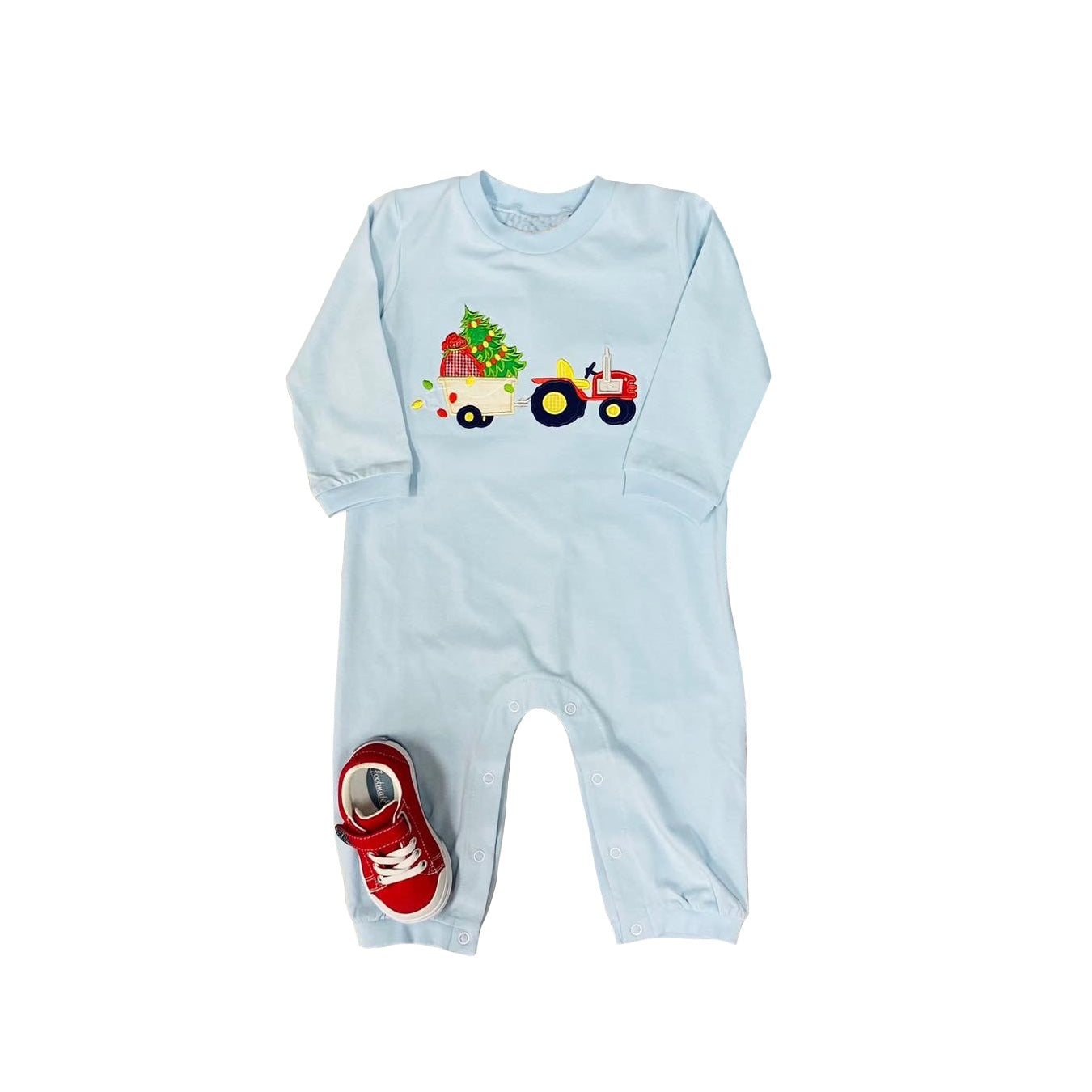 LR1508 Christmas Tree Tractor Blue Zip-Up Long Sleeve Bodysuit