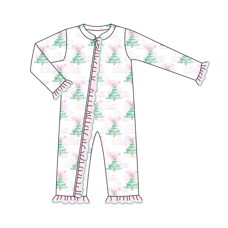 LR1518 White zip-up long-sleeved jumpsuit with pink lace and Christmas tree bow pattern