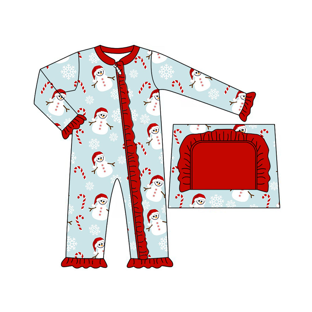 presale LR1534 Christmas Snowman Cane Red Lace Blue Zipper Long Sleeve Bodysuit 2024 7.22