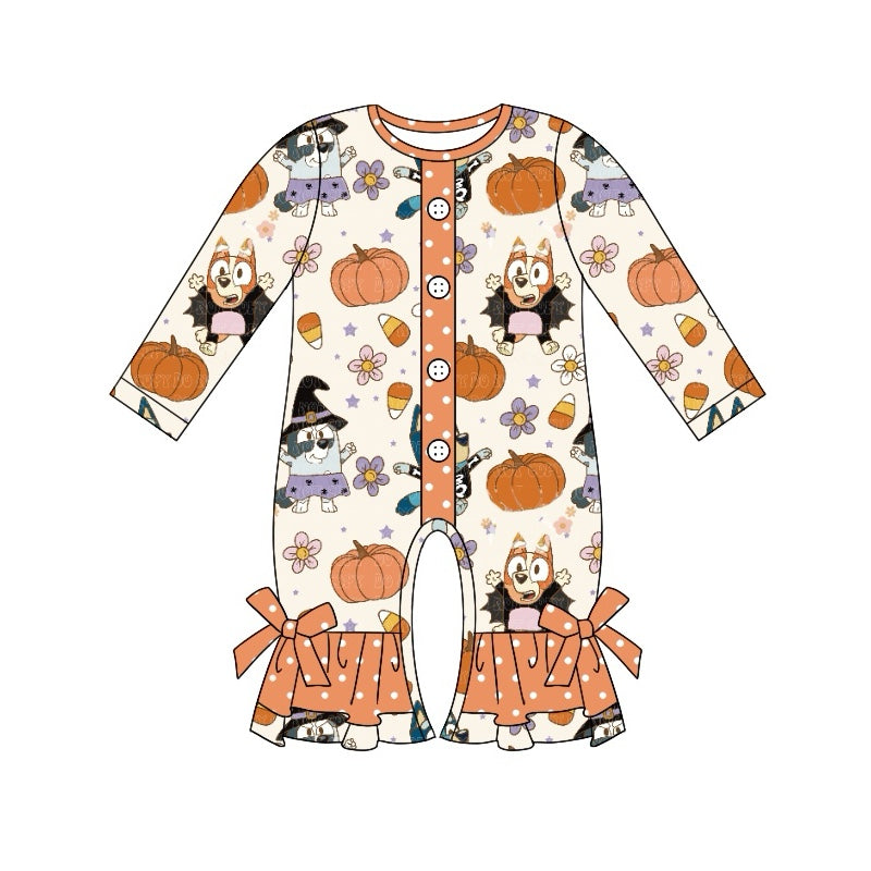 presale LR1541 Halloween Pumpkin Blossom Candy Polka Dot Orange Lace Button Long Sleeve Bodysuit 2024 7.23