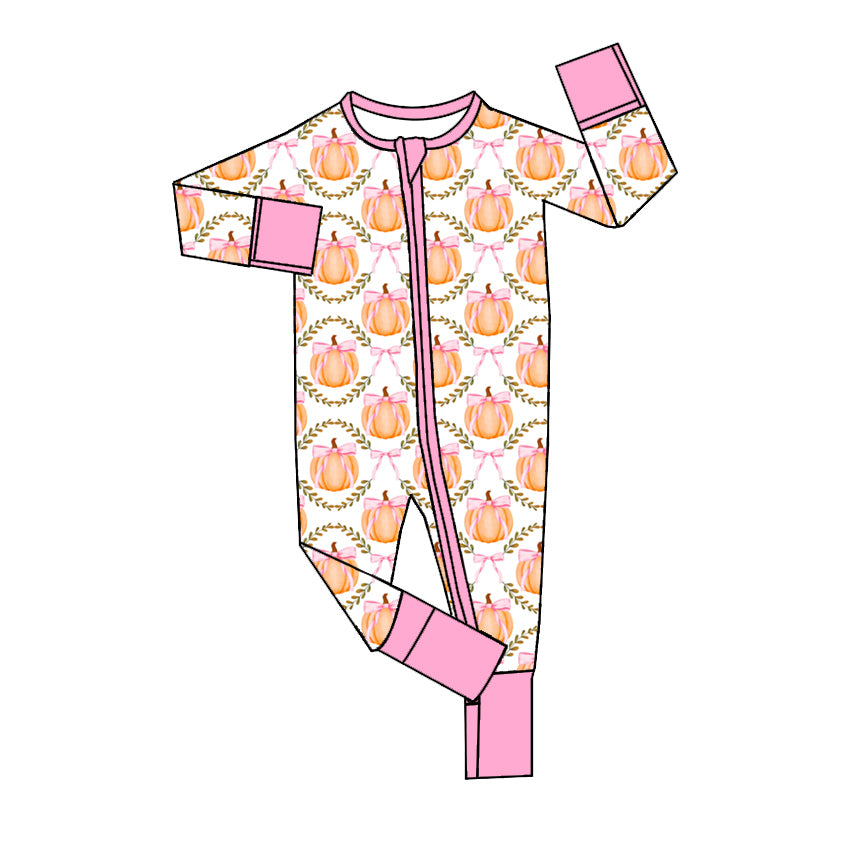 presale LR1553 Pumpkin Bow Pattern Pink and White Zipper Long Sleeve Bodysuit 2024 7.24