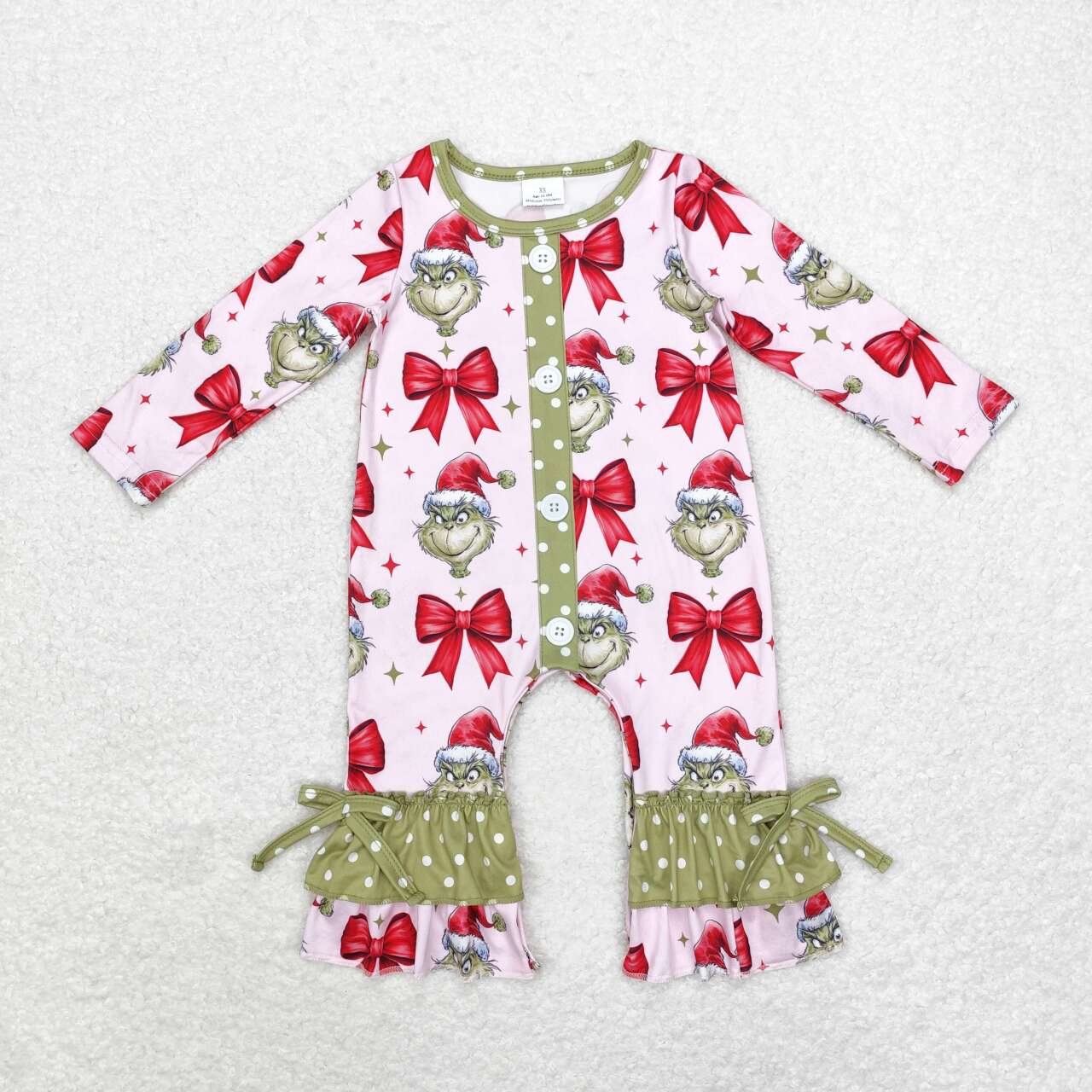 LR1557 Pink long-sleeved bodysuit with green lace and bow pattern