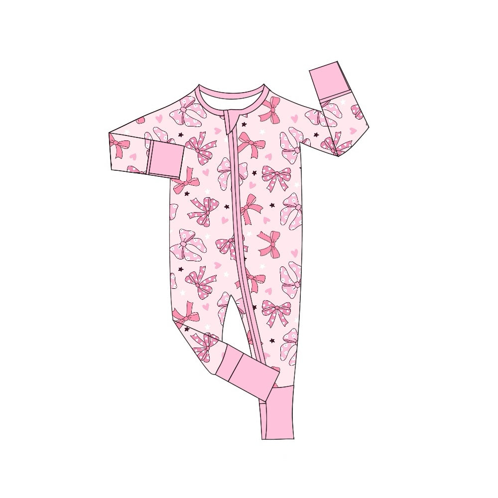 LR1608 Pink zip-up long-sleeved jumpsuit with bow and five-pointed heart pattern