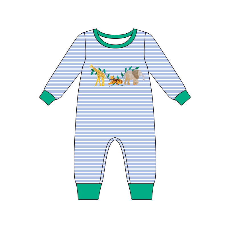 LR1616 Animal giraffe tiger elephant striped blue green long sleeve jumpsuit
