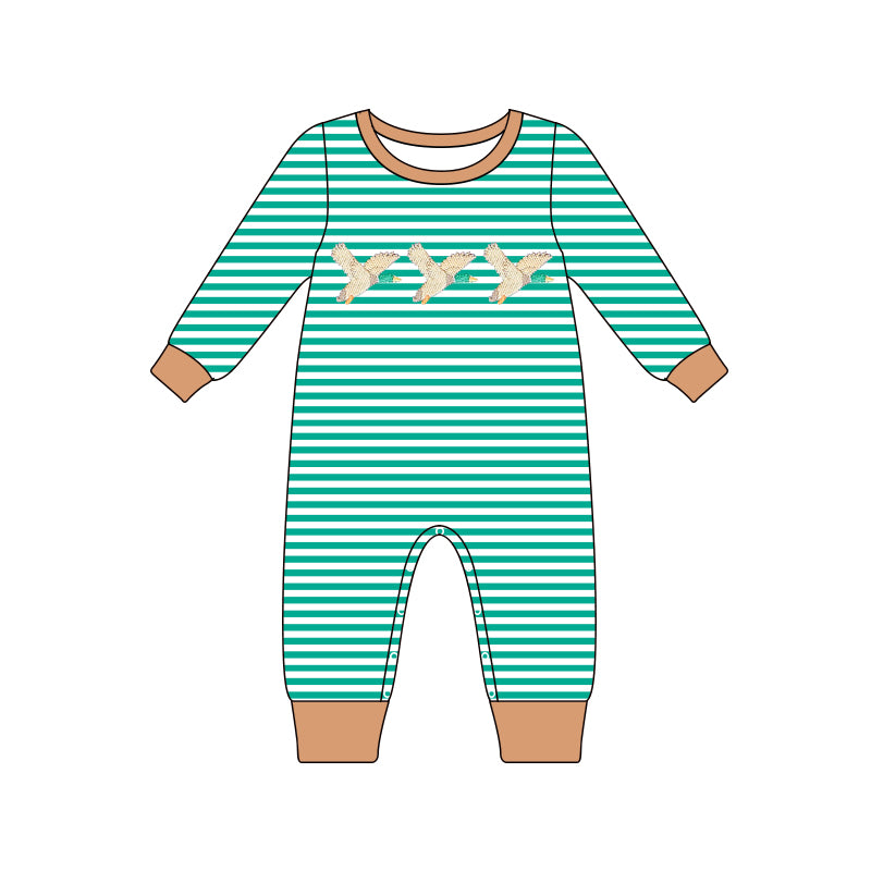 LR1618 Duck Stripe Brown Green Long Sleeve Bodysuit