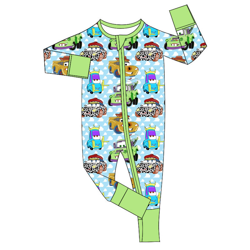LR1622 Cars White Cloud Teal Zipper Long Sleeve Bodysuit D 6.13