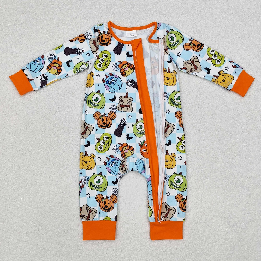 LR1650 Halloween Orange Trim Blue and White Plaid Zipper Long Sleeve Bodysuit