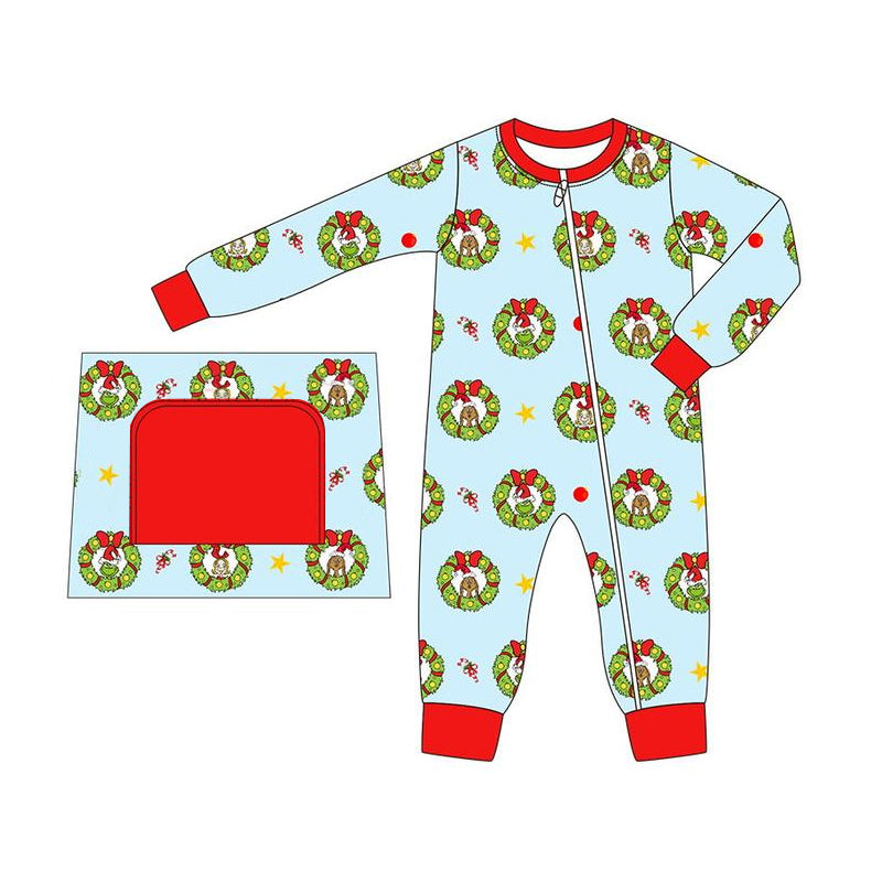 presale LR1665 Christmas Wreath Red Trim Blue Zipper Long Sleeve Bodysuit 2024 8.3
