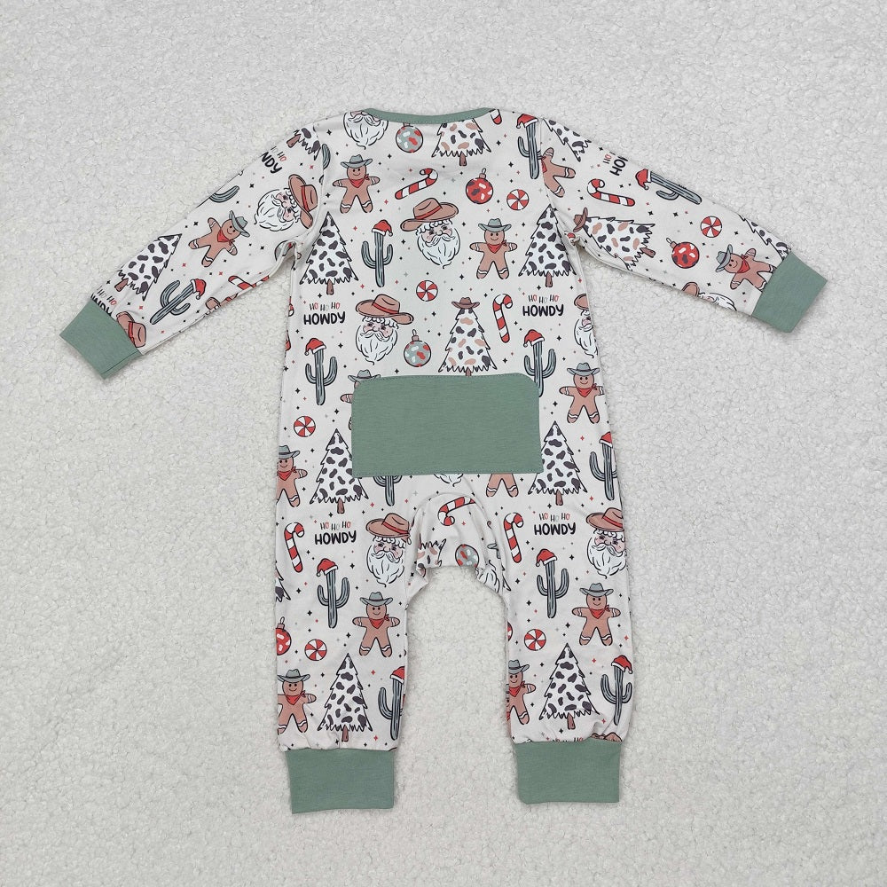 LR1674 Cowboy Hat Santa Claus Cactus Gingerbread Man Beige Green Zipper Long Sleeve Bodysuit