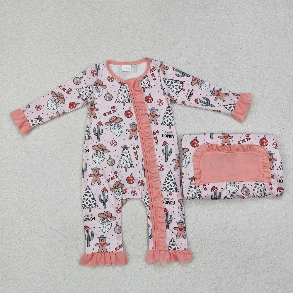 LR1675 Cowboy Hat Santa Claus Cactus Gingerbread Man Pink Zipper Long Sleeve Bodysuit