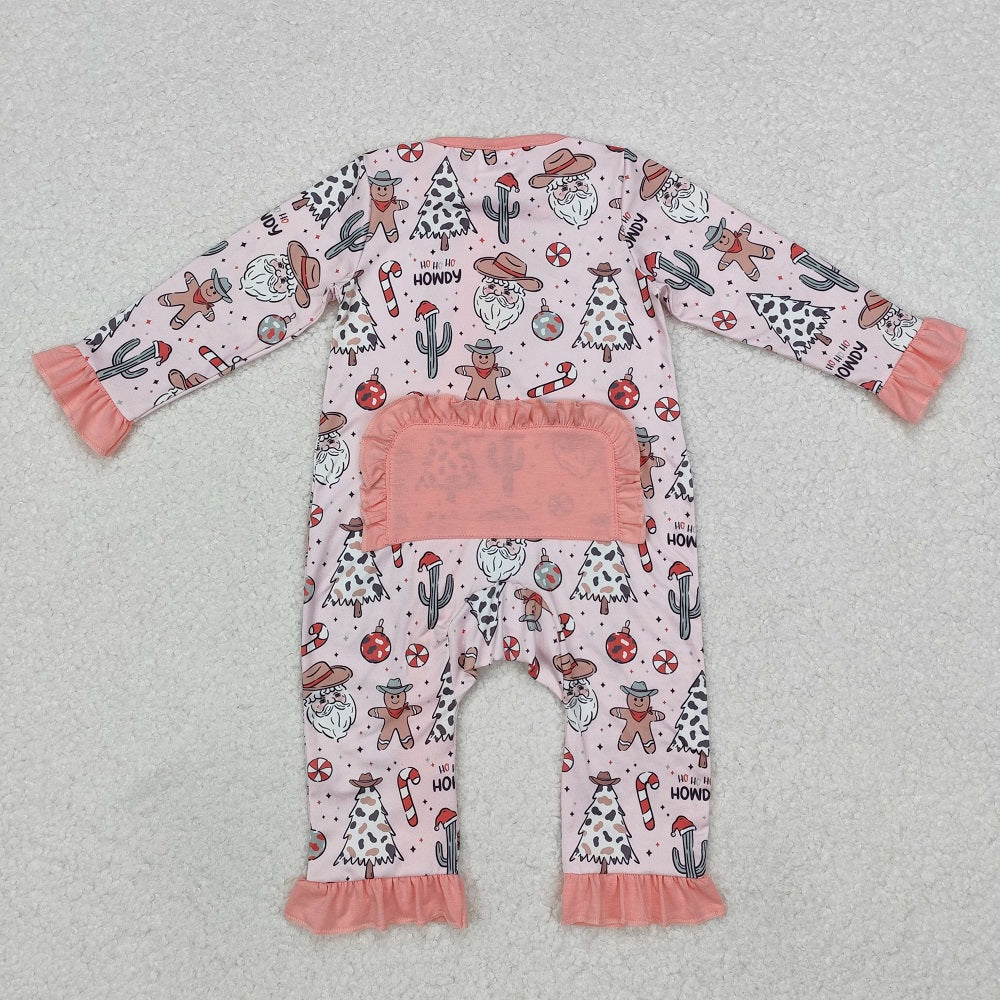LR1675 Cowboy Hat Santa Claus Cactus Gingerbread Man Pink Zipper Long Sleeve Bodysuit