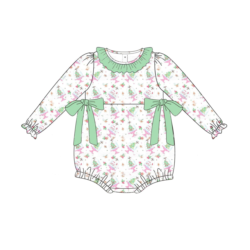 presale LR1678 Christmas Tree Snowman Green Lace Bow White Long Sleeve Bodysuit 2024 8.5