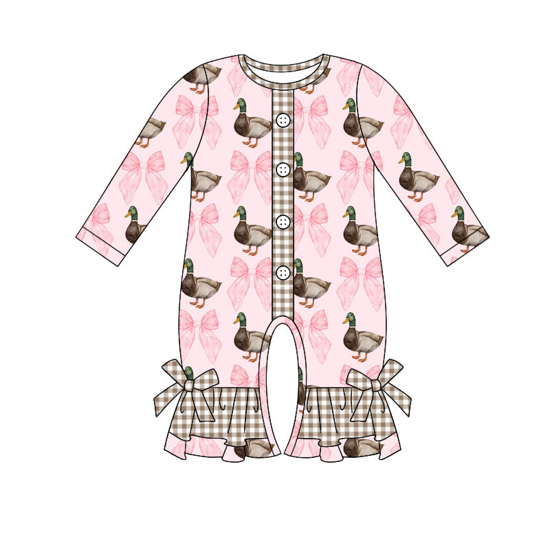 presale LR1690 Pink long-sleeved bodysuit with duck and bow pattern and brown plaid 2024 8.7