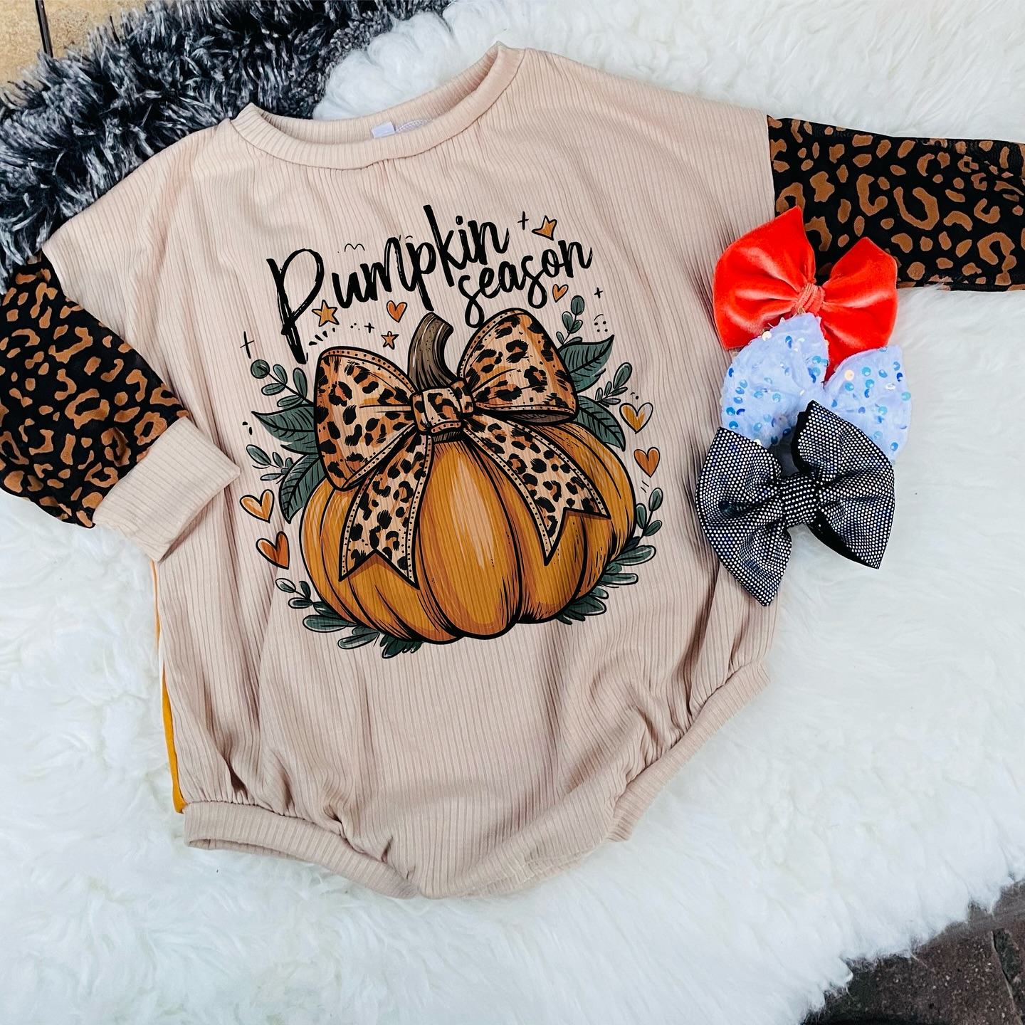 LR1723 Leopard Print Bow Pumpkin Long Sleeve Bodysuit 8.10