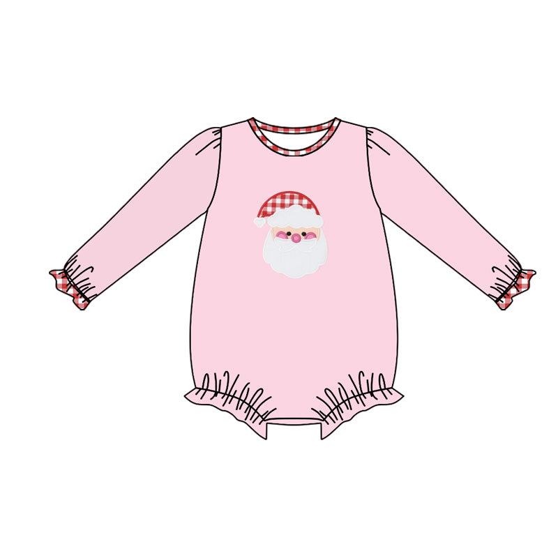 LR1733 Embroidery Santa Baby Girls Pink Long Ruffle Sleeve Christmas Rompers D 902