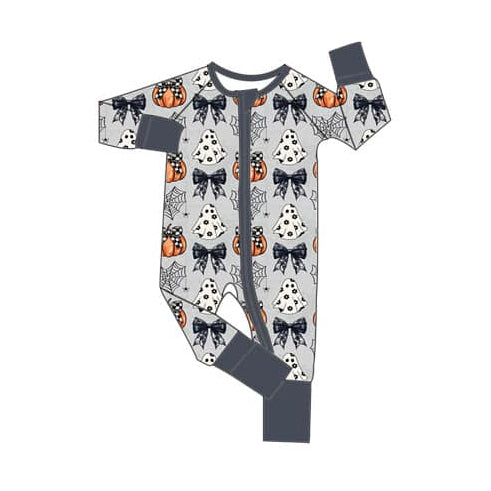 presale LR1744 Halloween Bow Pumpkin Ghost Grey Zipper Long Sleeve Bodysuit 8.12