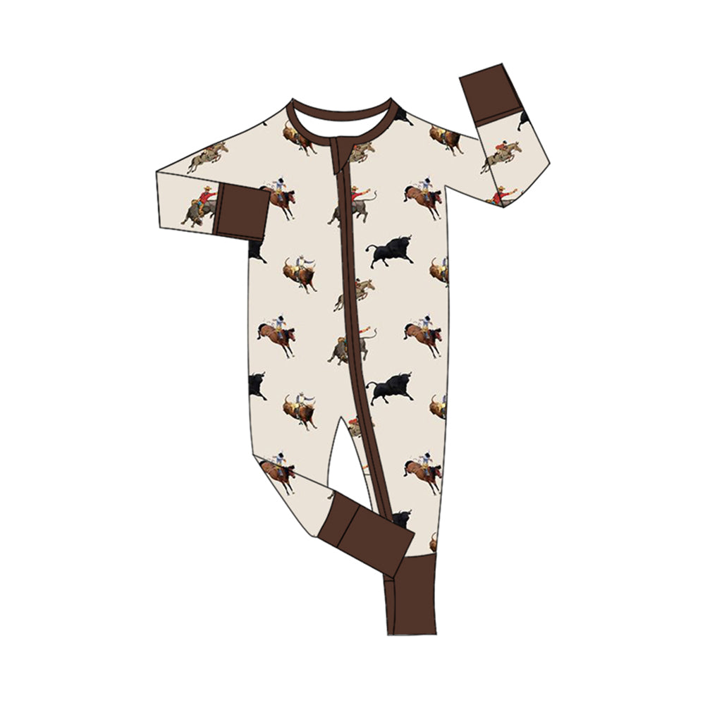 presale LR1748 Brown Bull Riding Zipper Long Sleeve Bodysuit 8.13