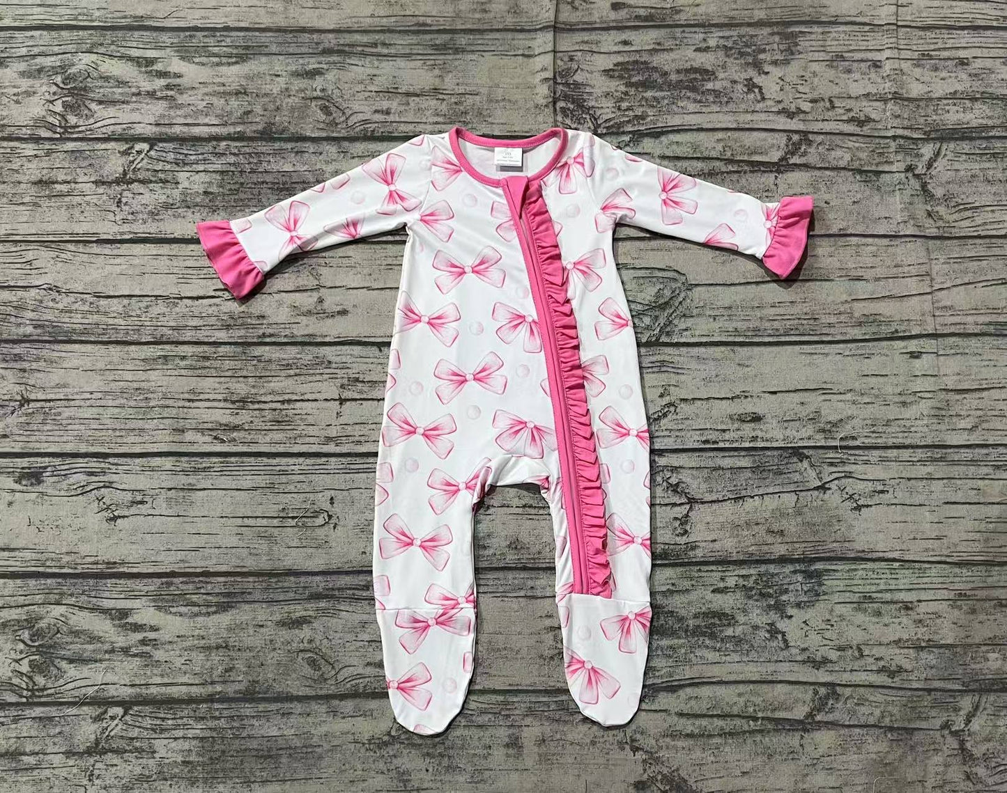 LR1770 White zip-up long-sleeved bodysuit with pink lace and bow pattern