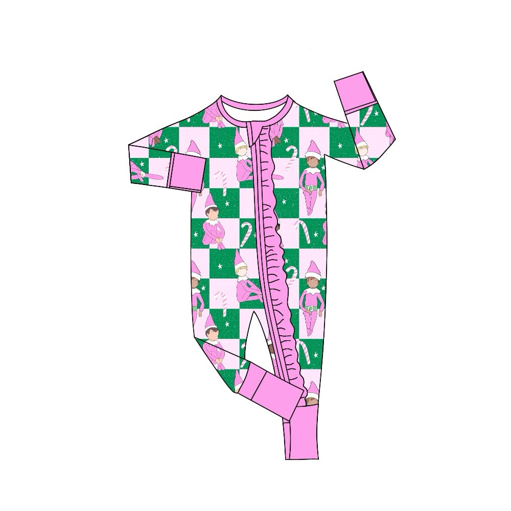 LR1818 Bamboo Christmas Lace Green and Pink Plaid Zipper Long Sleeve Bodysuit