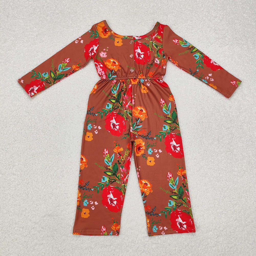 LR1834 Brown long-sleeved bodysuit with pockets and flowers and leaves