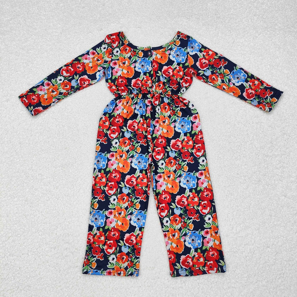 LR1836 Pocket red orange flower blue long sleeve jumpsuit