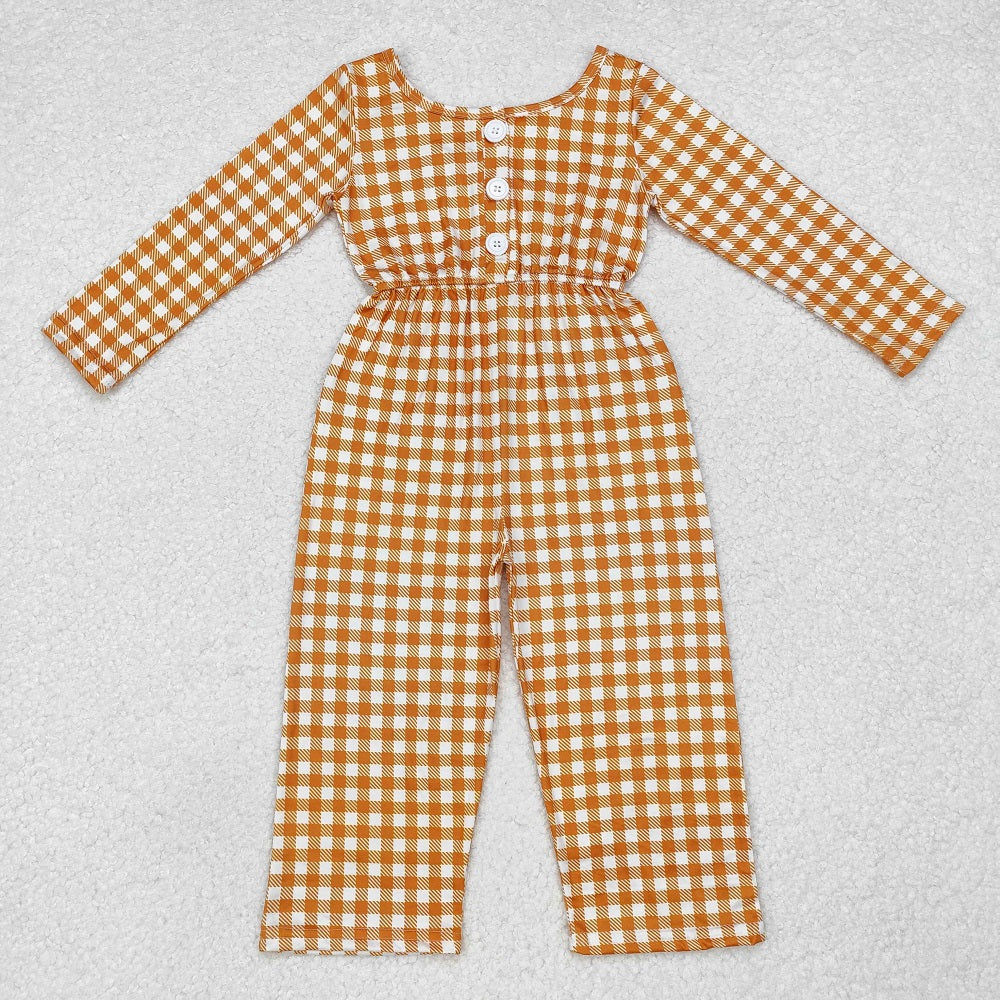 LR1840 Orange Plaid Long Sleeve Bodysuit with Pockets