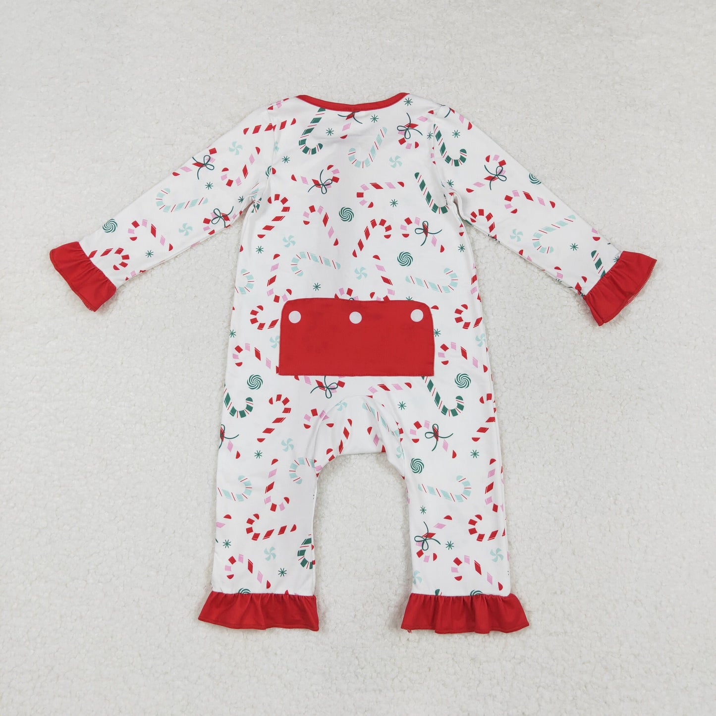 LR1842 Candy Cane Red Lace White Zipper Long Sleeve Bodysuit