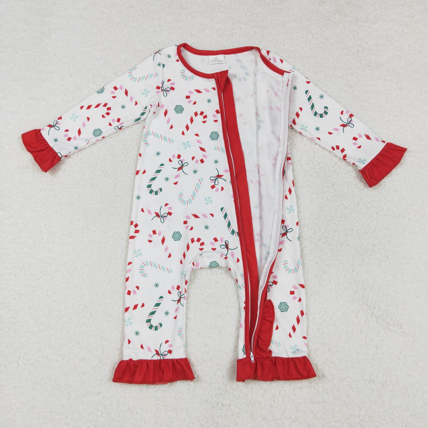 LR1842 Candy Cane Red Lace White Zipper Long Sleeve Bodysuit