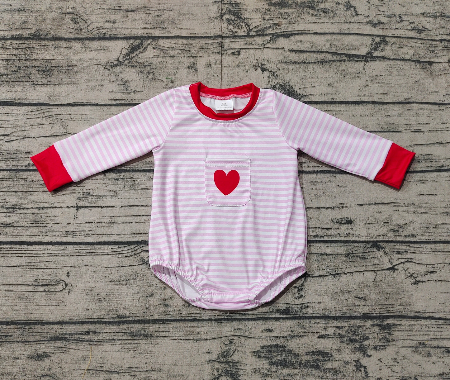 LR1855 Baby Infant Girls Pink Stripes Heart Pocket Long Sleeve Rompers