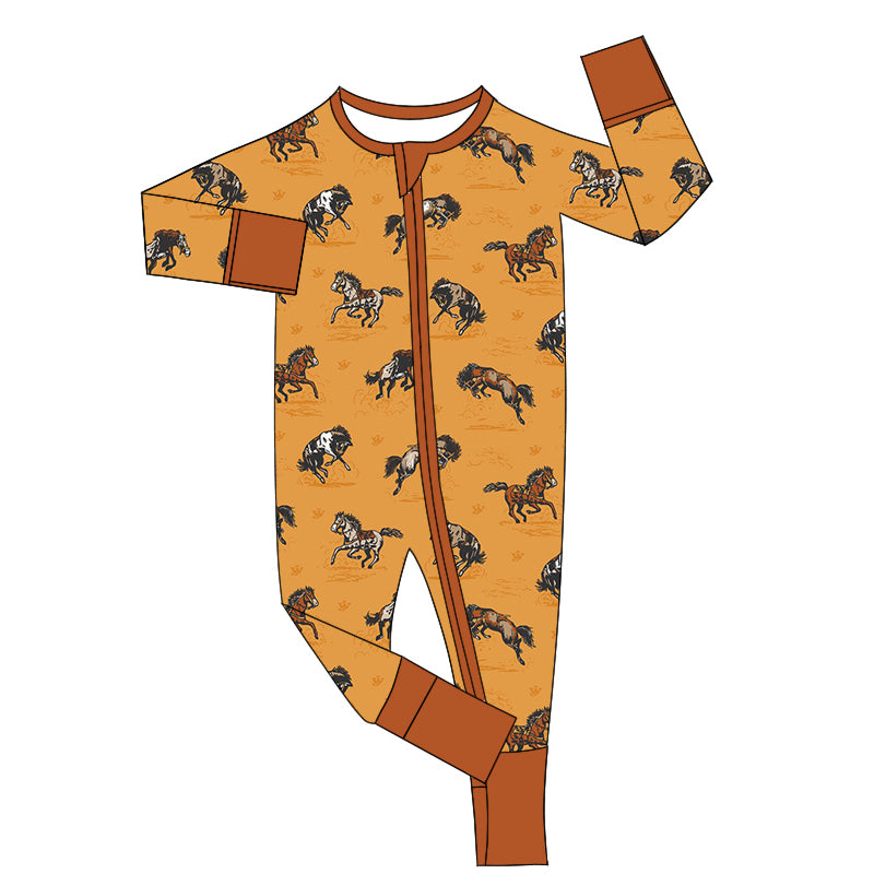 LR1857 Bamboo Horse Yellow Brown Zipper Long Sleeve Bodysuit