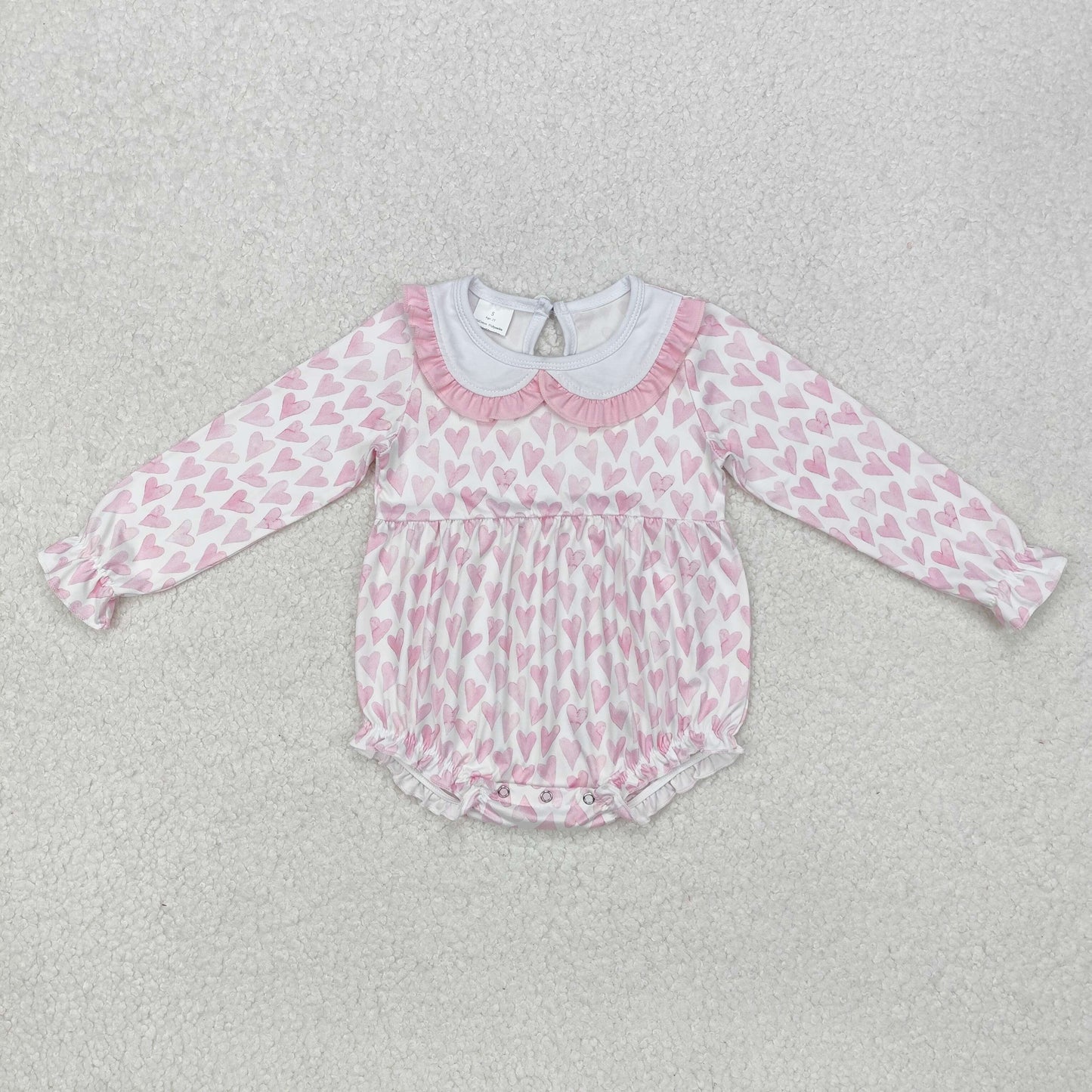 LR1899 Pink Heart Lace Baby Collar White Long Sleeve Bodysuit