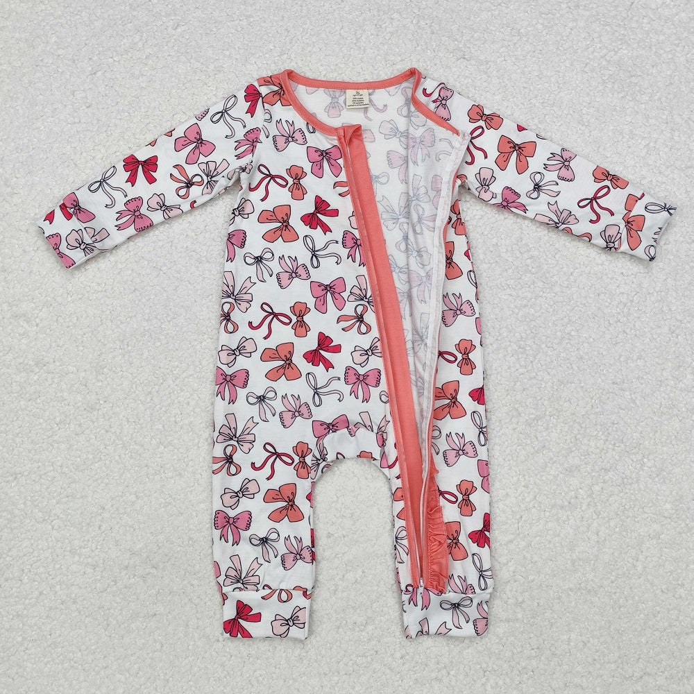 LR1905 Bamboo White Zippered Long Sleeve Bodysuit with Bow