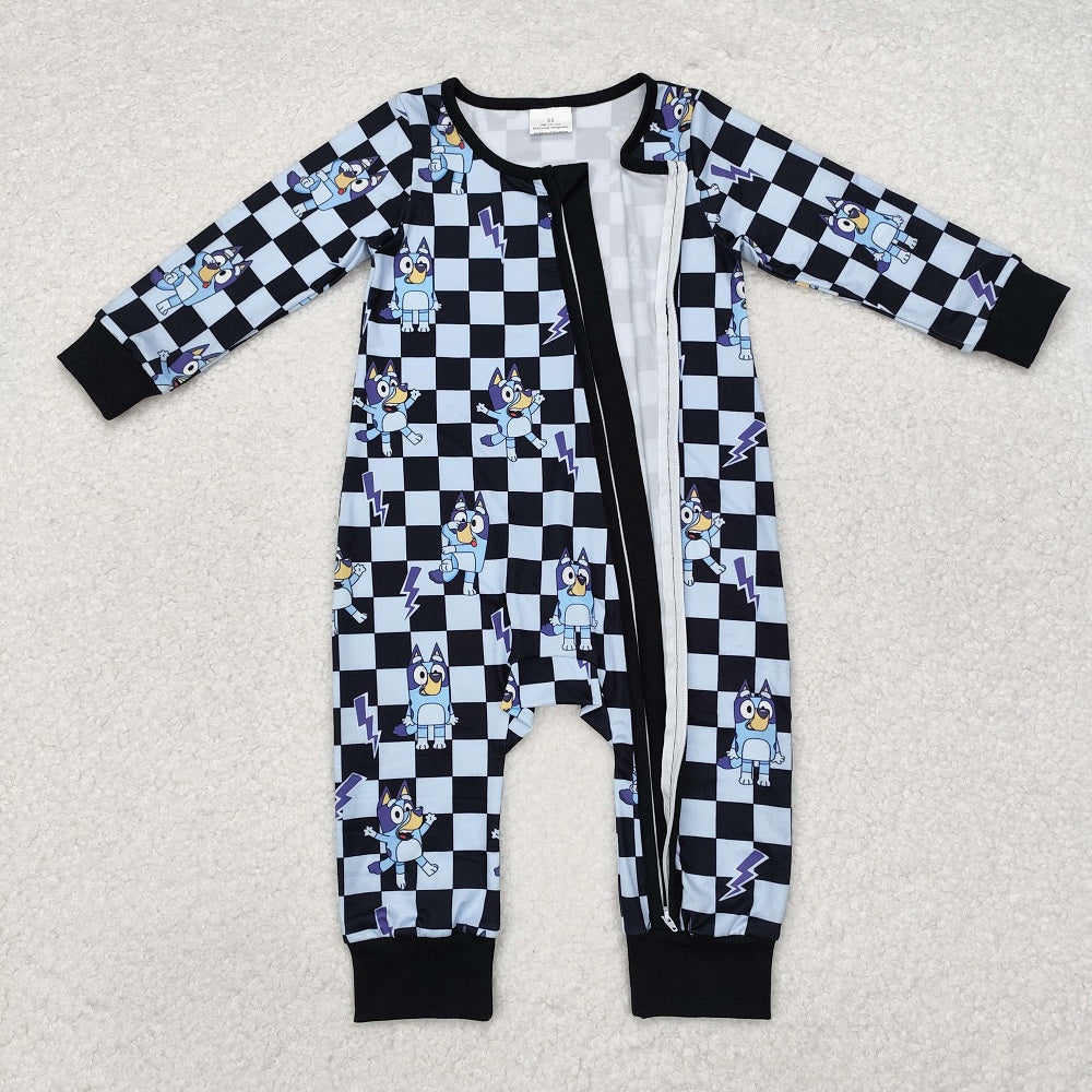 LR1910 Cartoon blue and black plaid zipper long-sleeved jumpsuit