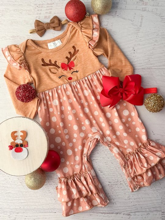 presale LR1932 Christmas Reindeer Polka Dot Brown Long Sleeve Bodysuit 2024 9.9