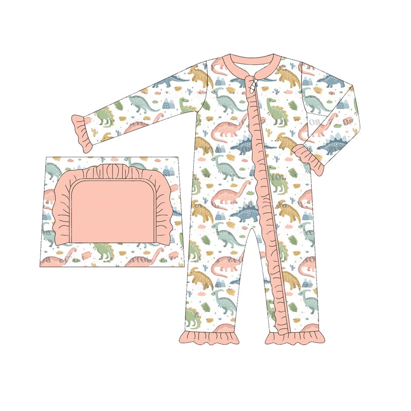 presale LR1939 Dinosaur Lace Pink and White Zipper Long Sleeve Bodysuit 2024 9.9