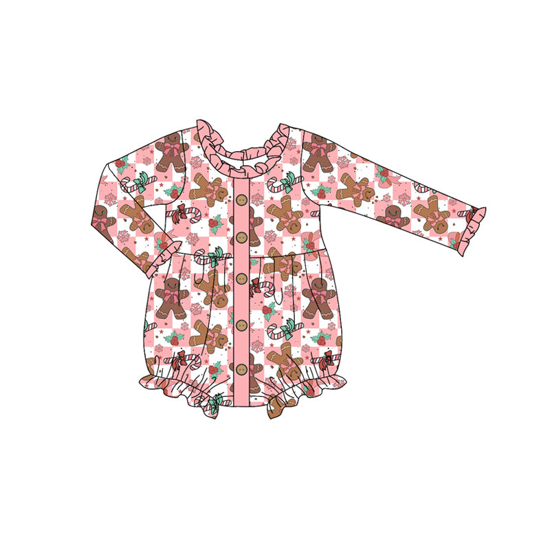 presale LR1995 Gingerbread Man Bow Cane Pink and White Plaid Lace Button Long Sleeve Bodysuit 2024 9.16