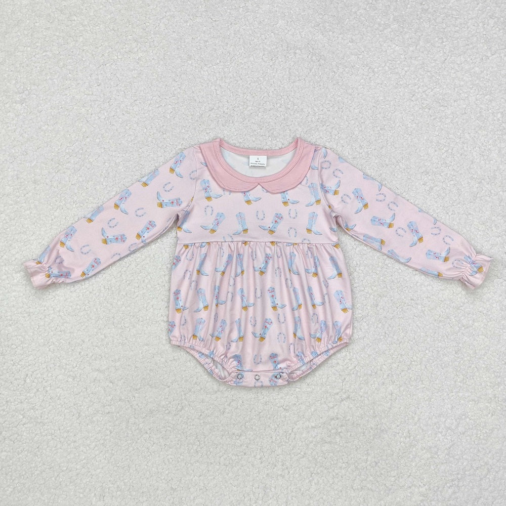 LR2013 Pink long-sleeved bodysuit with boots and baby doll collar
