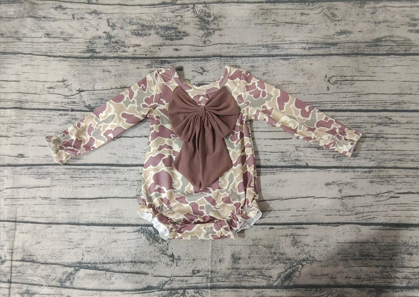 LR2034 Brown and Green Camouflage Bow Long Sleeve Bodysuit