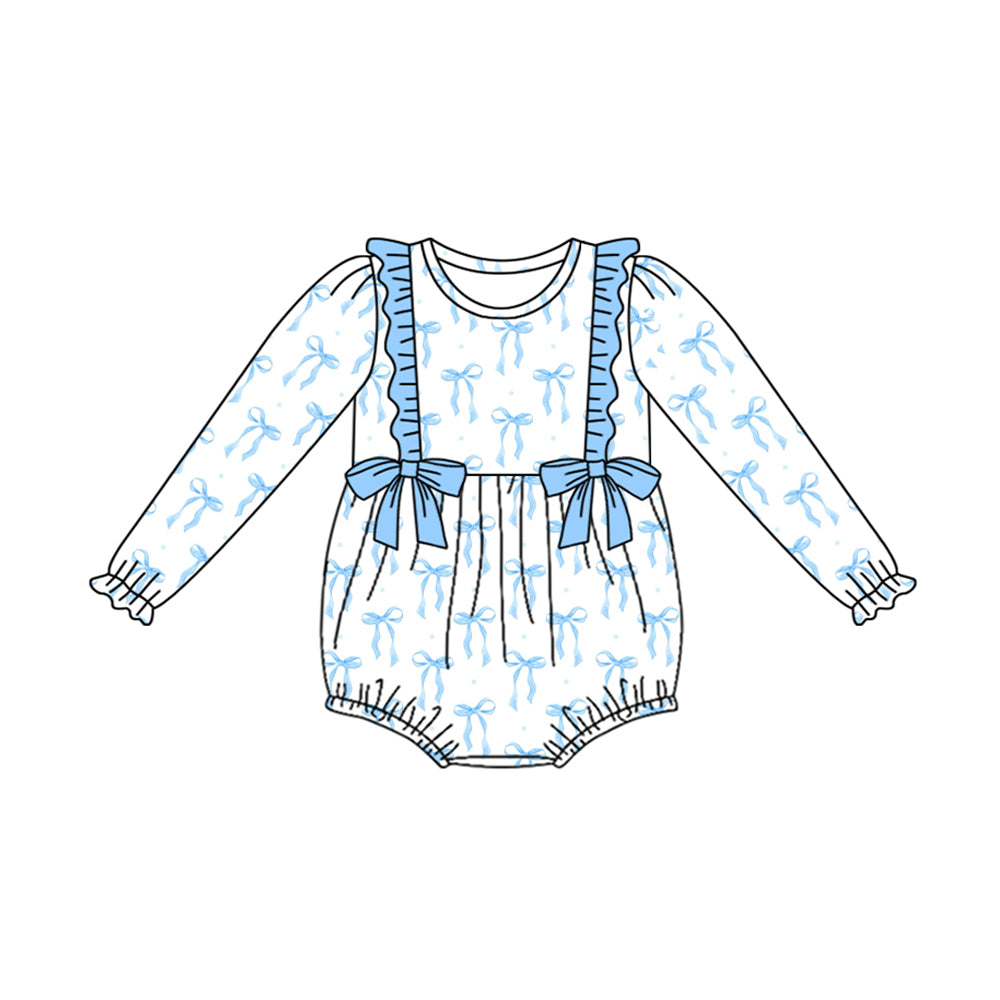 LR2043 White long-sleeved bodysuit with blue lace bow