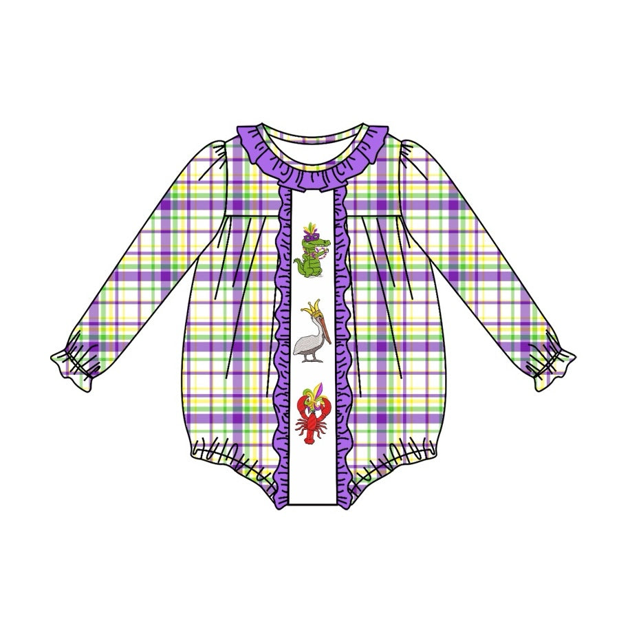 presale LR2048 Mardi Gras Alligator Bird Lobster Purple Lace Plaid Long Sleeve Bodysuit 2024 9.25