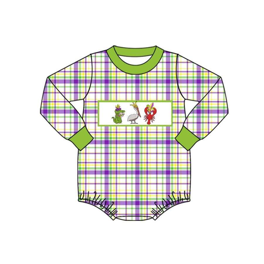 presale LR2049 Mardi Gras Alligator Bird Lobster Green Trim Plaid Long Sleeve Bodysuit 2024 9.25