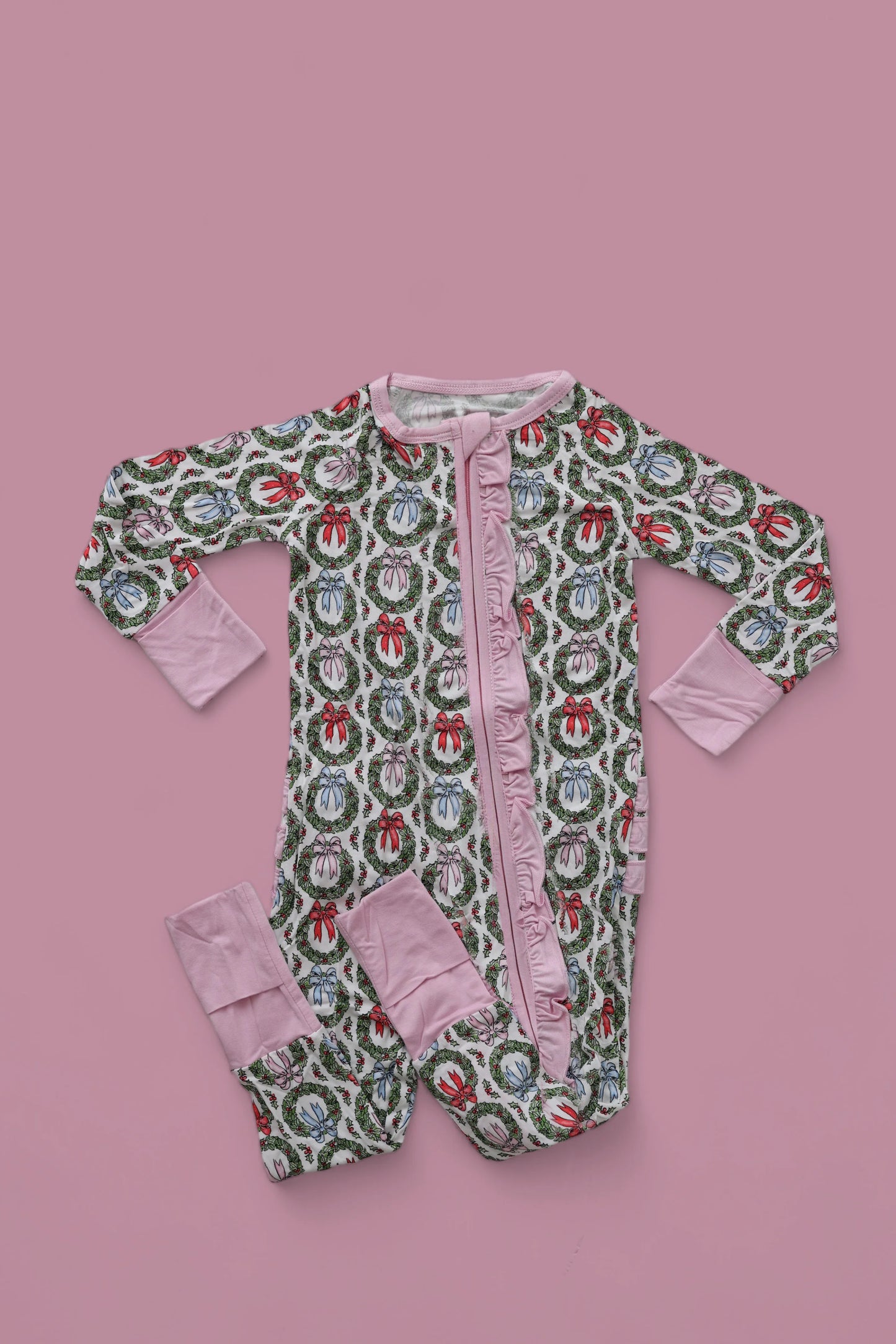 presale LR2059 Pink and white Christmas wreath bow pattern long sleeve zip-up bodysuit 2024 9.27