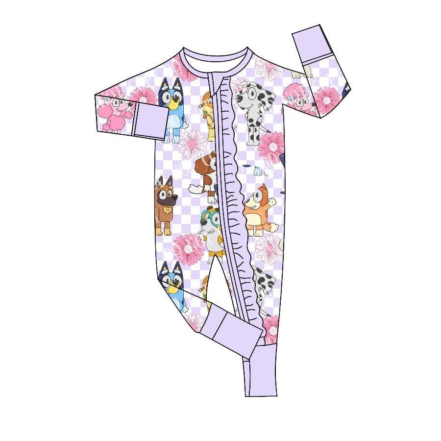 presale LR2075 Floral Purple and White Plaid Zipper Long Sleeve Bodysuit 10.8